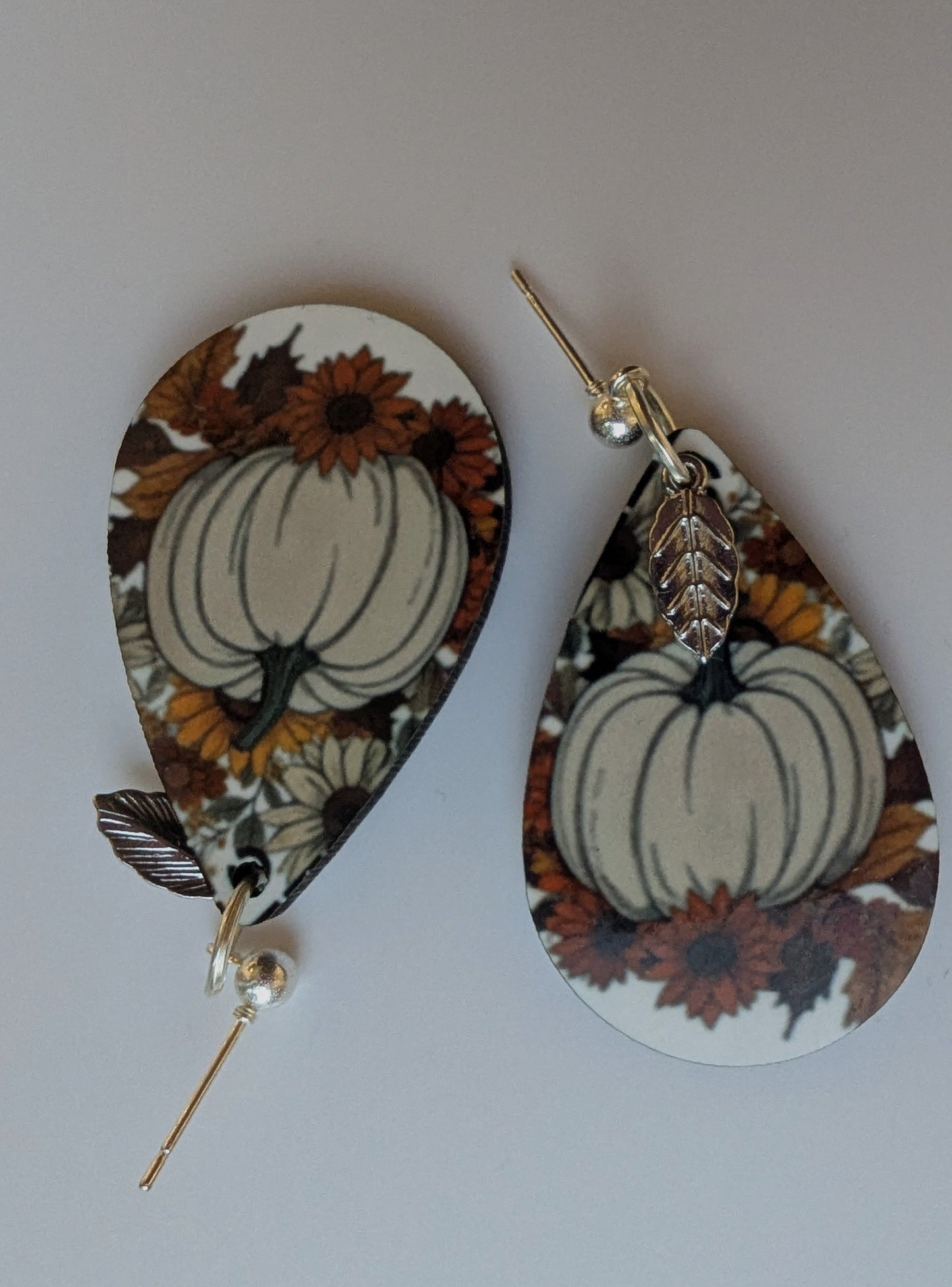 🍂 Autumn Harvest Teardrop Earrings – White Pumpkin + Florals