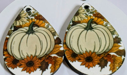 🍂 Autumn Harvest Teardrop Earrings – White Pumpkin + Florals