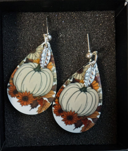 🍂 Autumn Harvest Teardrop Earrings – White Pumpkin + Florals