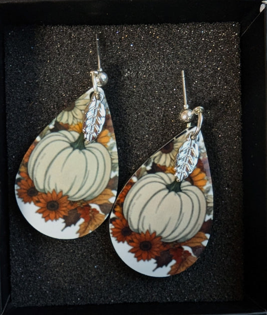 🍂 Autumn Harvest Teardrop Earrings – White Pumpkin + Florals