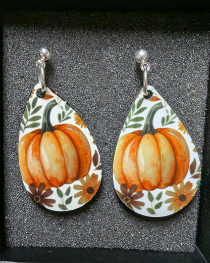 🎃 Golden Bloom Teardrop Earrings – Pumpkin + Florals