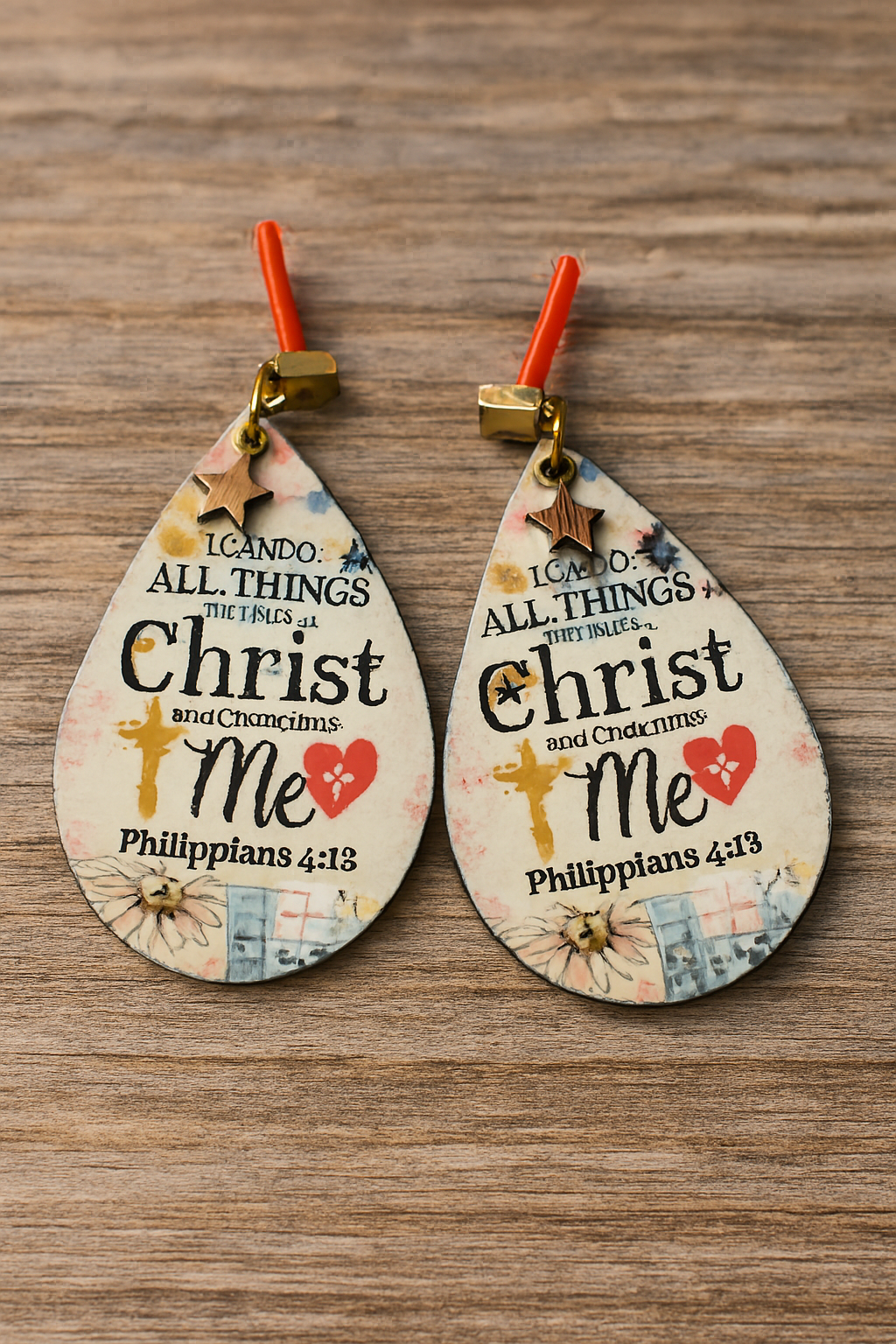 Philippians 4:13 Earrings – “I Can Do All Things” Sublimated - large -Drops | IndossArte Studio