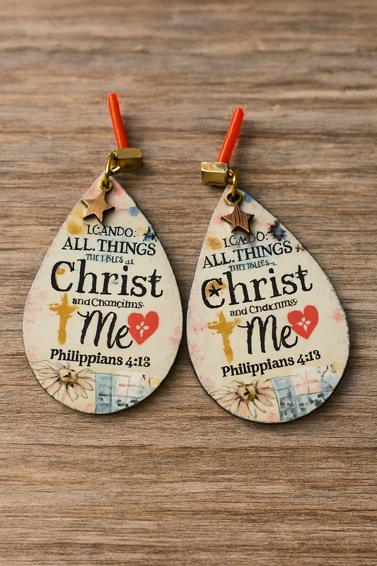 Philippians 4:13 Earrings – “I Can Do All Things” Sublimated - large -Drops | IndossArte Studio