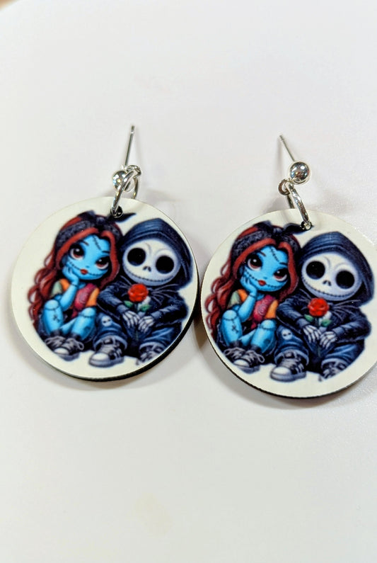 Midnight Companions Earrings – Whimsical Gothic Dangle Jewelry with Cartoon Skeleton & Blue-Hued Friend | IndossArte Studio LLC